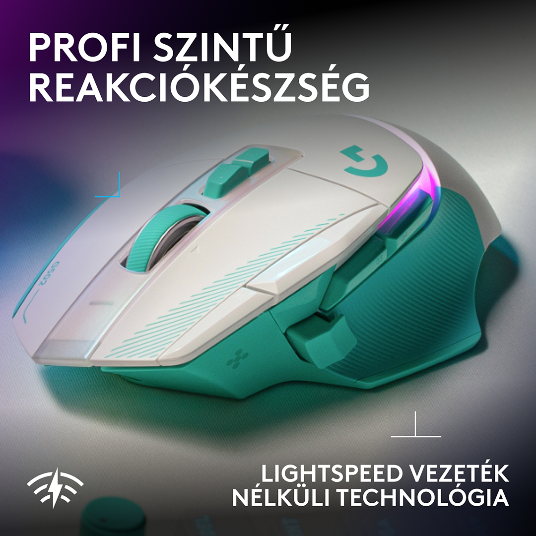 Egy fehér és türkiz vezeték nélküli egér sima felületen, háttérben magyar nyelvű promóciós szöveggel.
