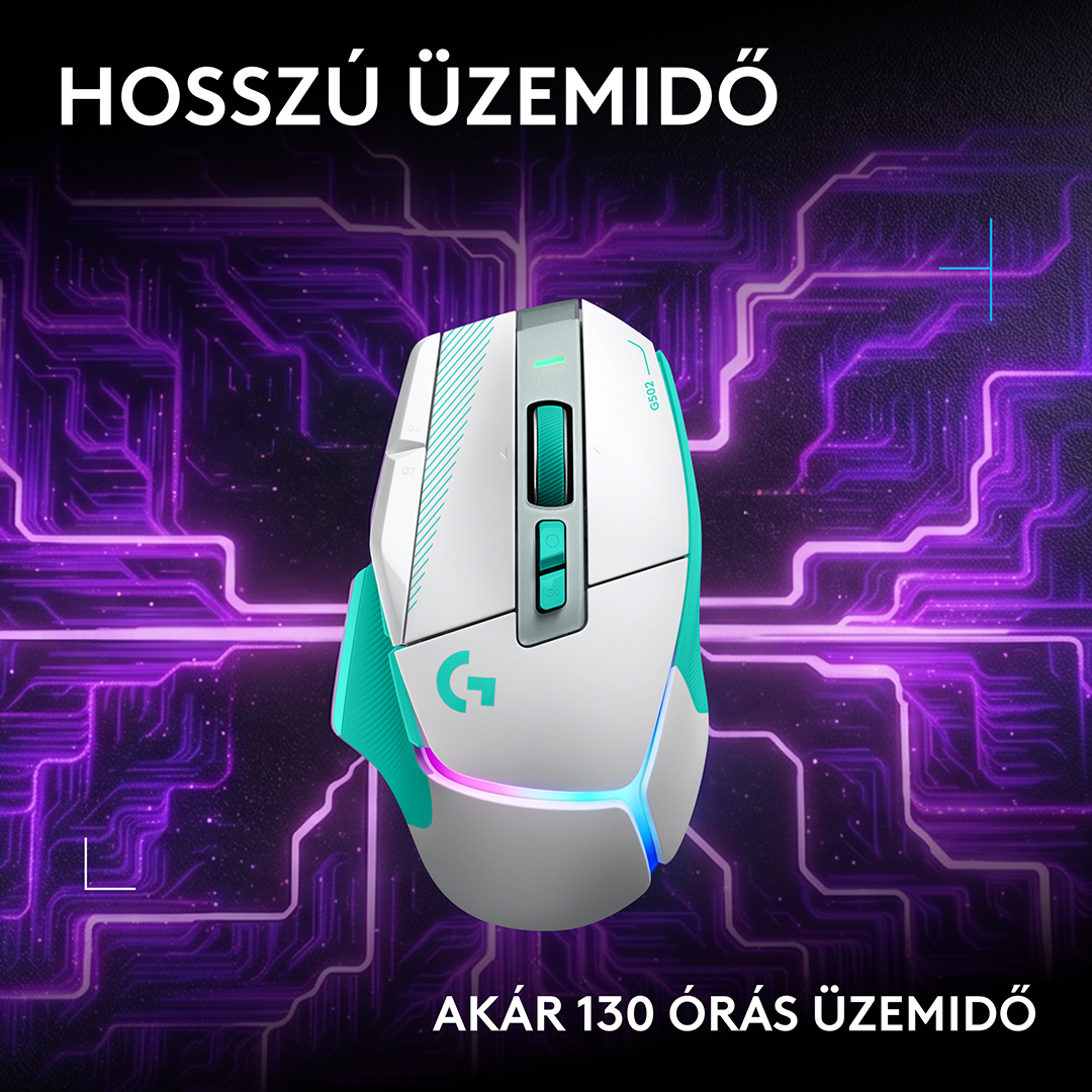 Egy fehér és türkizkék gamer egér világító lila háttér előtt.