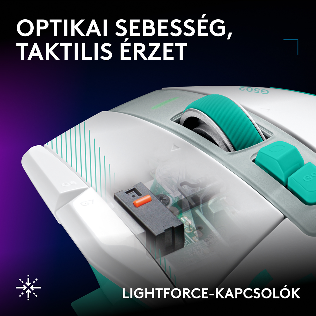 Fehér és türkizkék gamer egér közelről, látható belső kapcsolókkal.