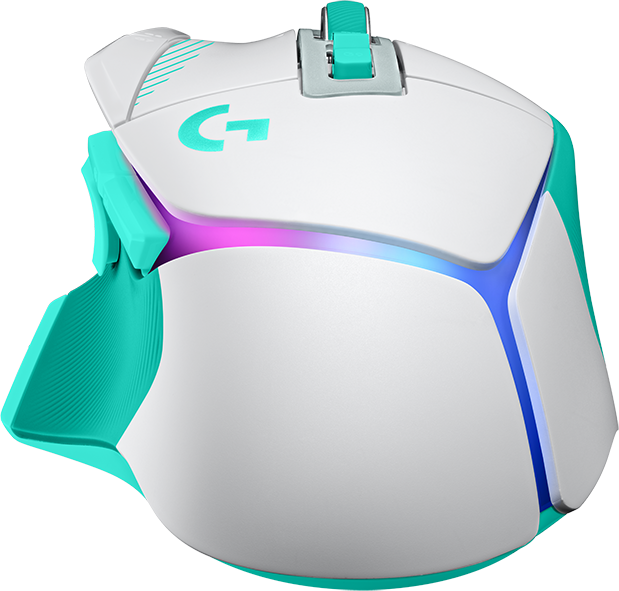 Egy fehér és türkizkék gamer egér RGB világítással és ergonomikus dizájnnal, fehér háttér előtt.