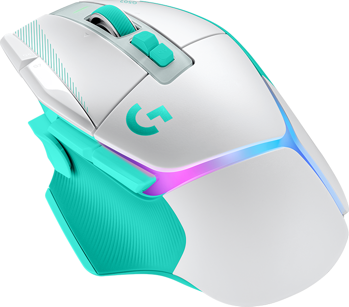 Fehér és türkizkék játékegér RGB világítással fekete háttérrel.