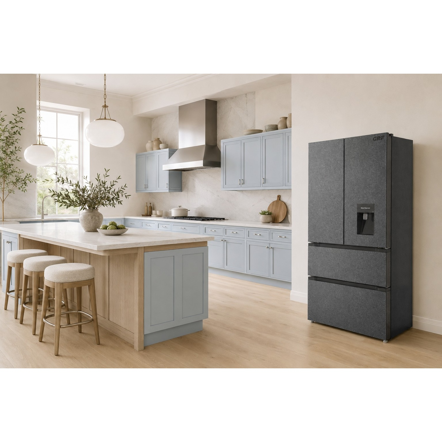 Cucina moderna con mobili azzurri, una grande isola e un frigorifero scuro su pavimento in legno.