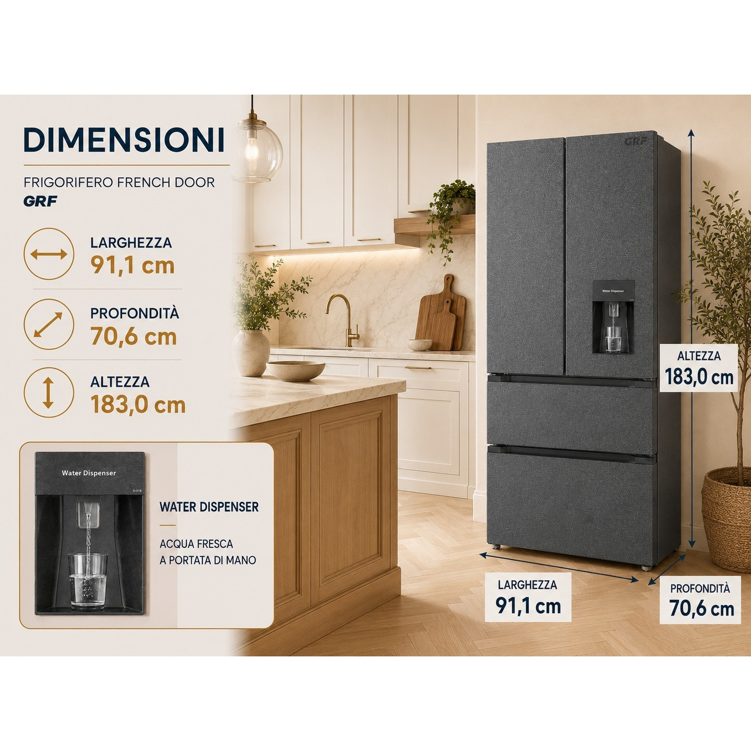 Frigorifero French Door grigio scuro in una cucina moderna con dimensioni: 91,1 cm di larghezza, 70,6 cm di profondità e 183 cm di altezza.