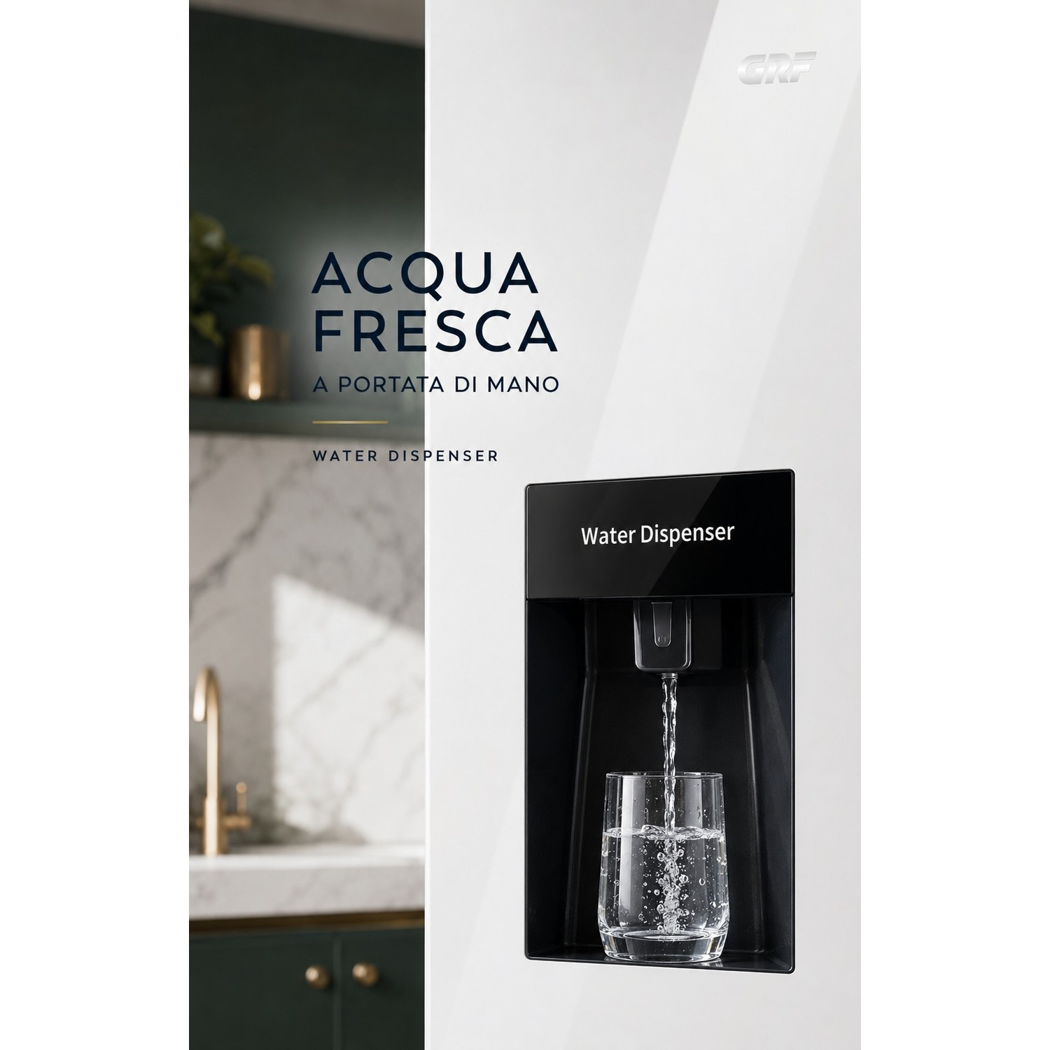 Un erogatore d'acqua versa acqua fresca in un bicchiere in una cucina moderna.