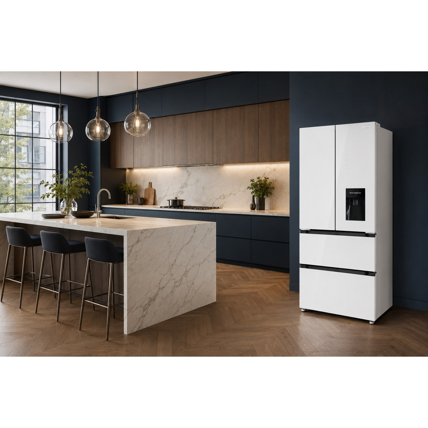 Una cucina moderna con frigorifero bianco, isola in marmo, mobili scuri e pavimento in legno.