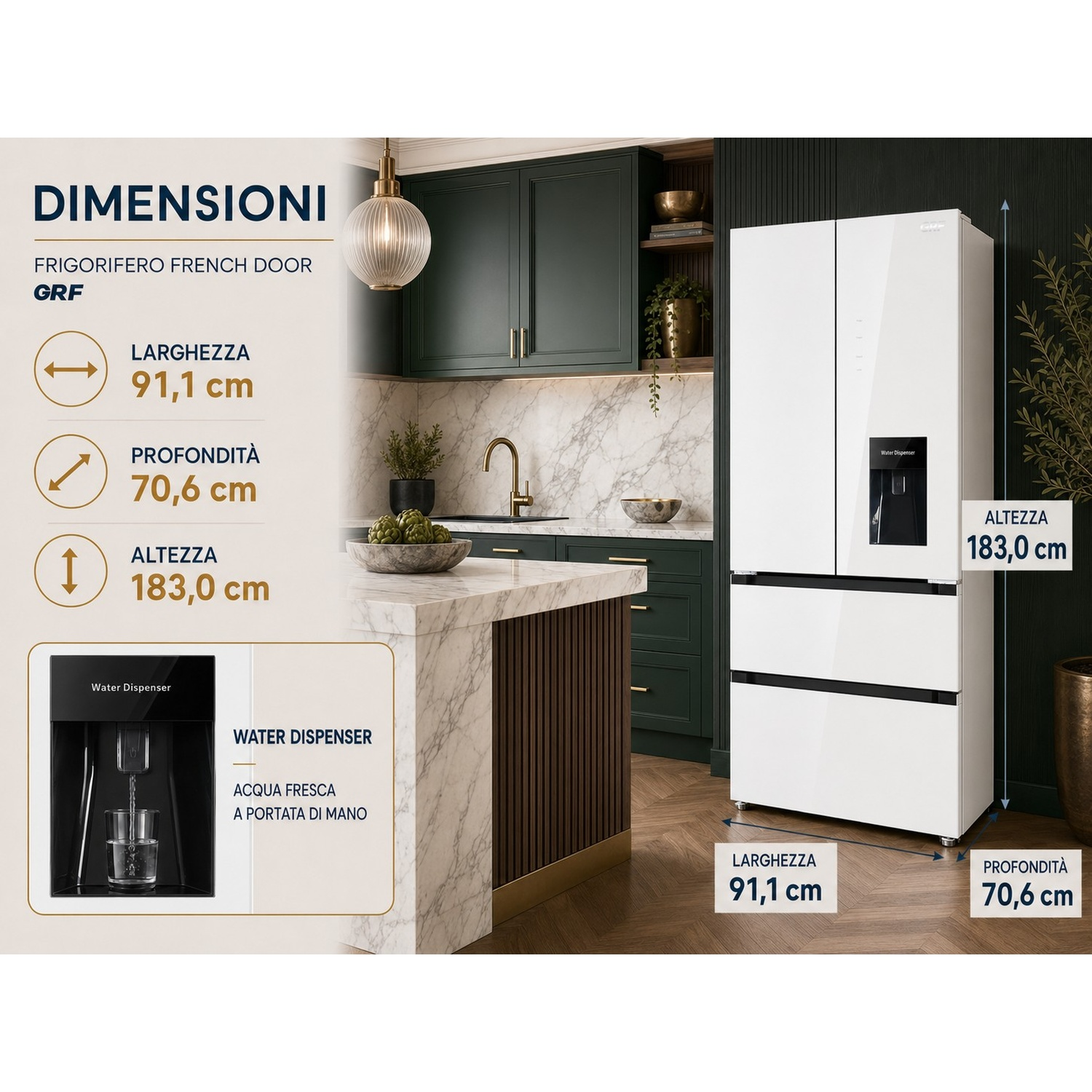 Frigorifero French Door bianco in cucina moderna con dimensioni e distributore.