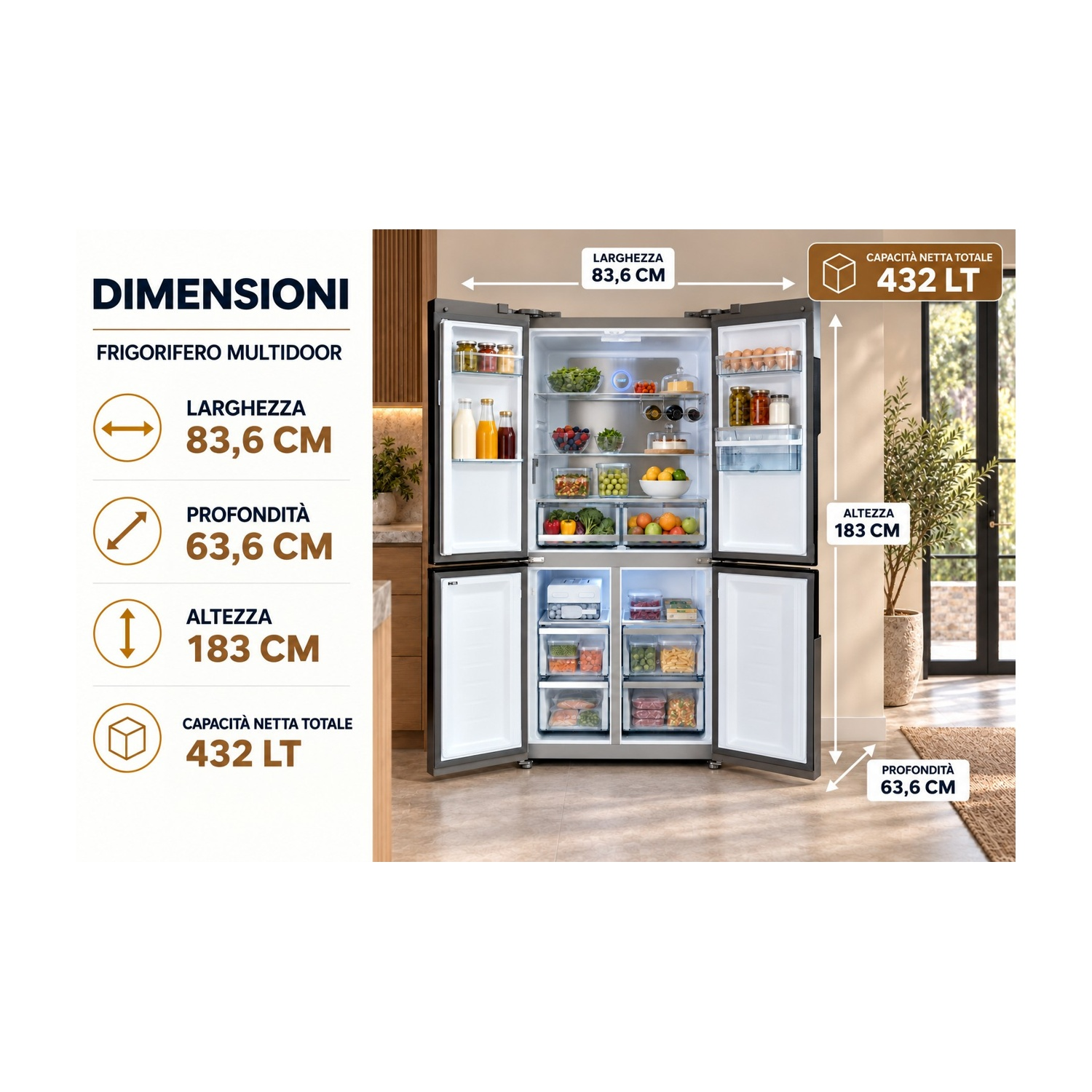 Frigorifero multidoor aperto pieno di cibo, con dimensioni e capacità in una cucina.