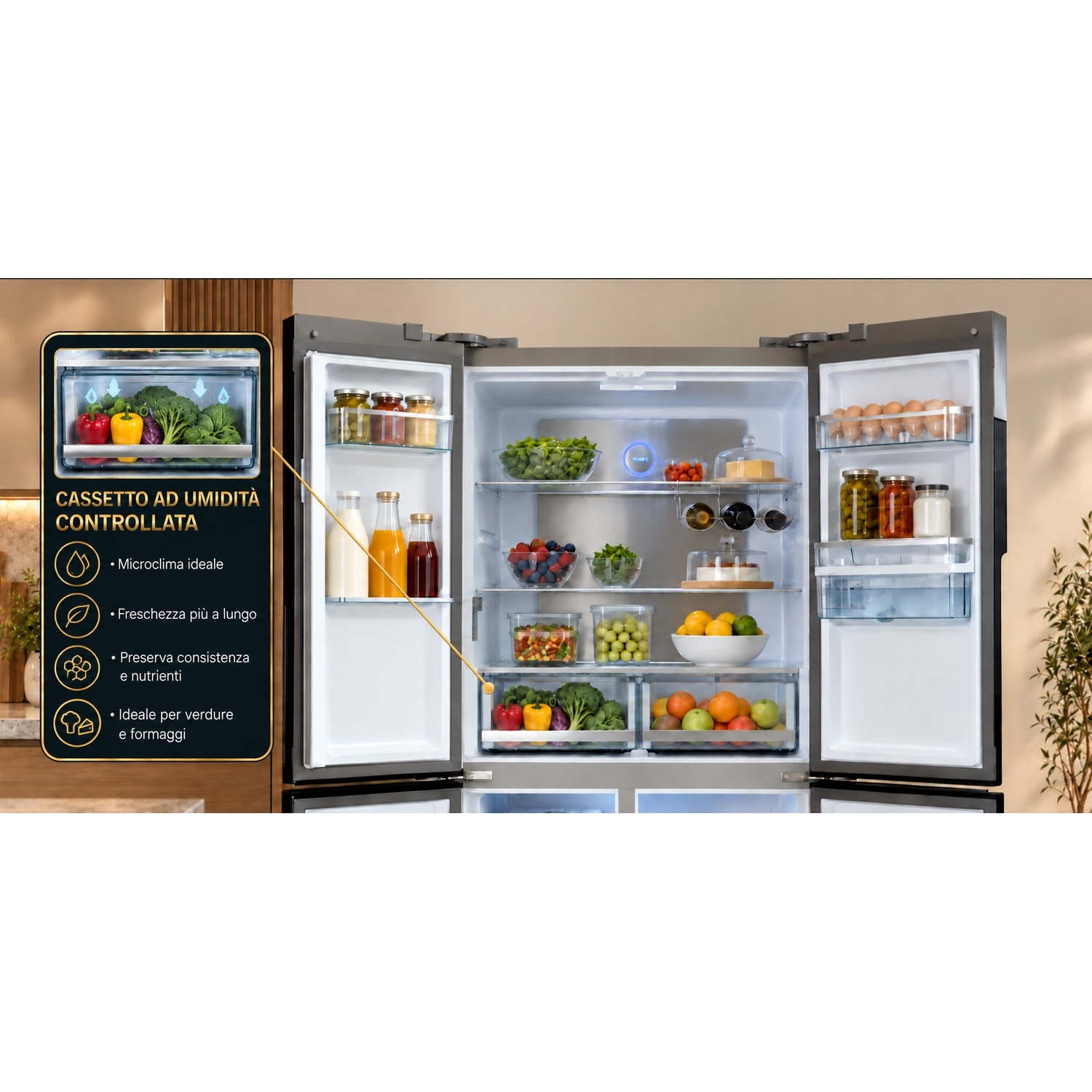 Frigorifero aperto pieno di alimenti, frutta e verdura. Un riquadro mostra il controllo dell'umidità.