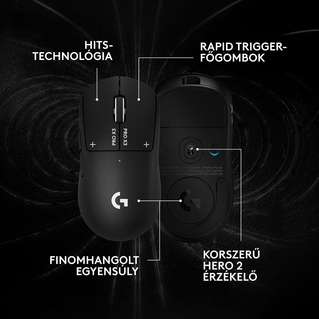 LOGITECH Pro X3 Superstrike Lightspeed, vezeték nélküli optikai egér, 44000dpi, fekete (910-007878)