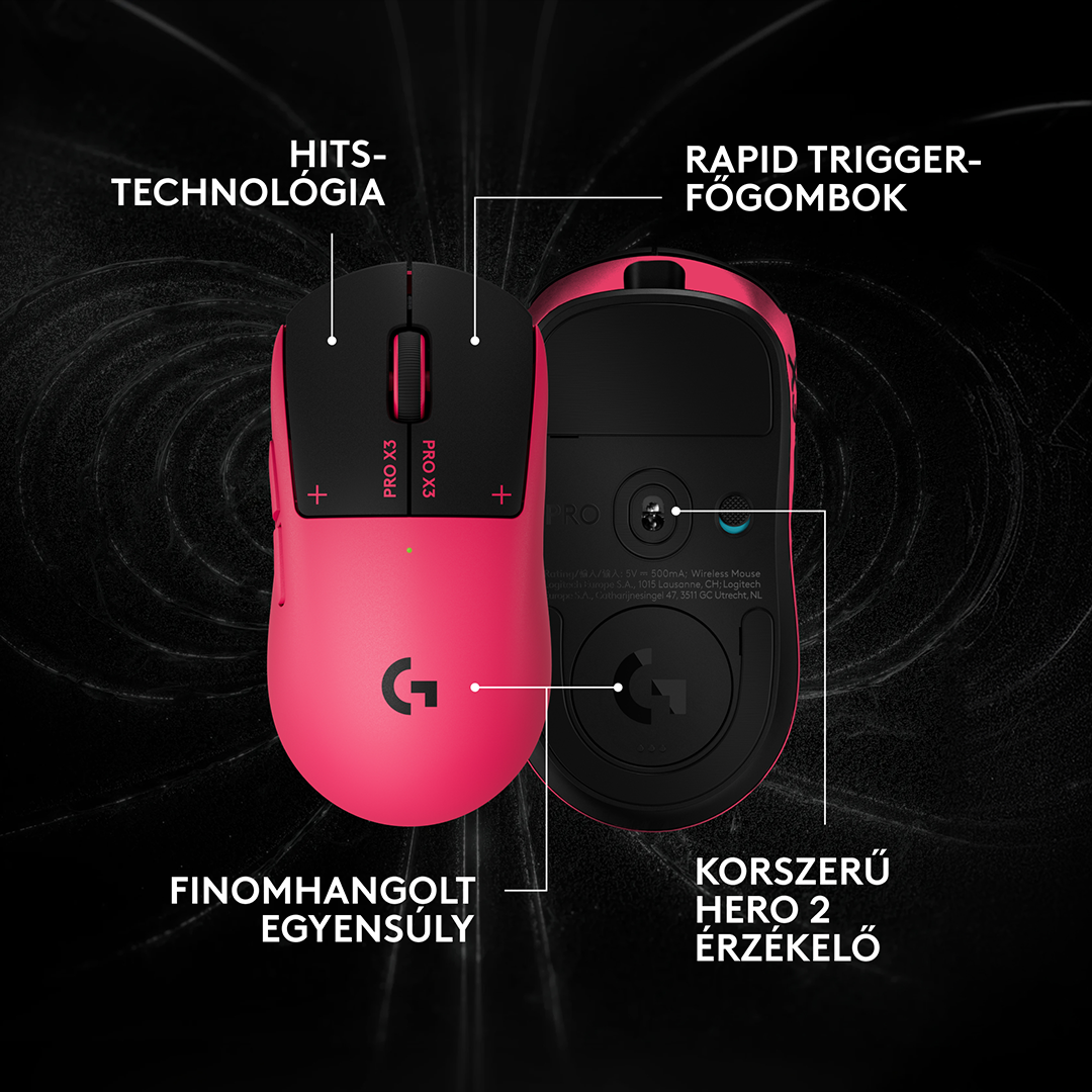 LOGITECH Pro X3 Superstrike Lightspeed, vezeték nélküli optikai egér, 44000dpi, magenta (910-007827)