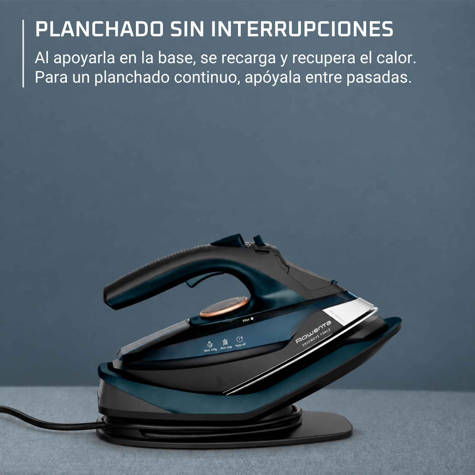 Plancha de vapor - Rowenta Freemove Force DE6725, Sin Cable, 2600W, Calentamiento rápido, Ligera, 40 g/min, Apagado automático, Antigoteo, Azul
