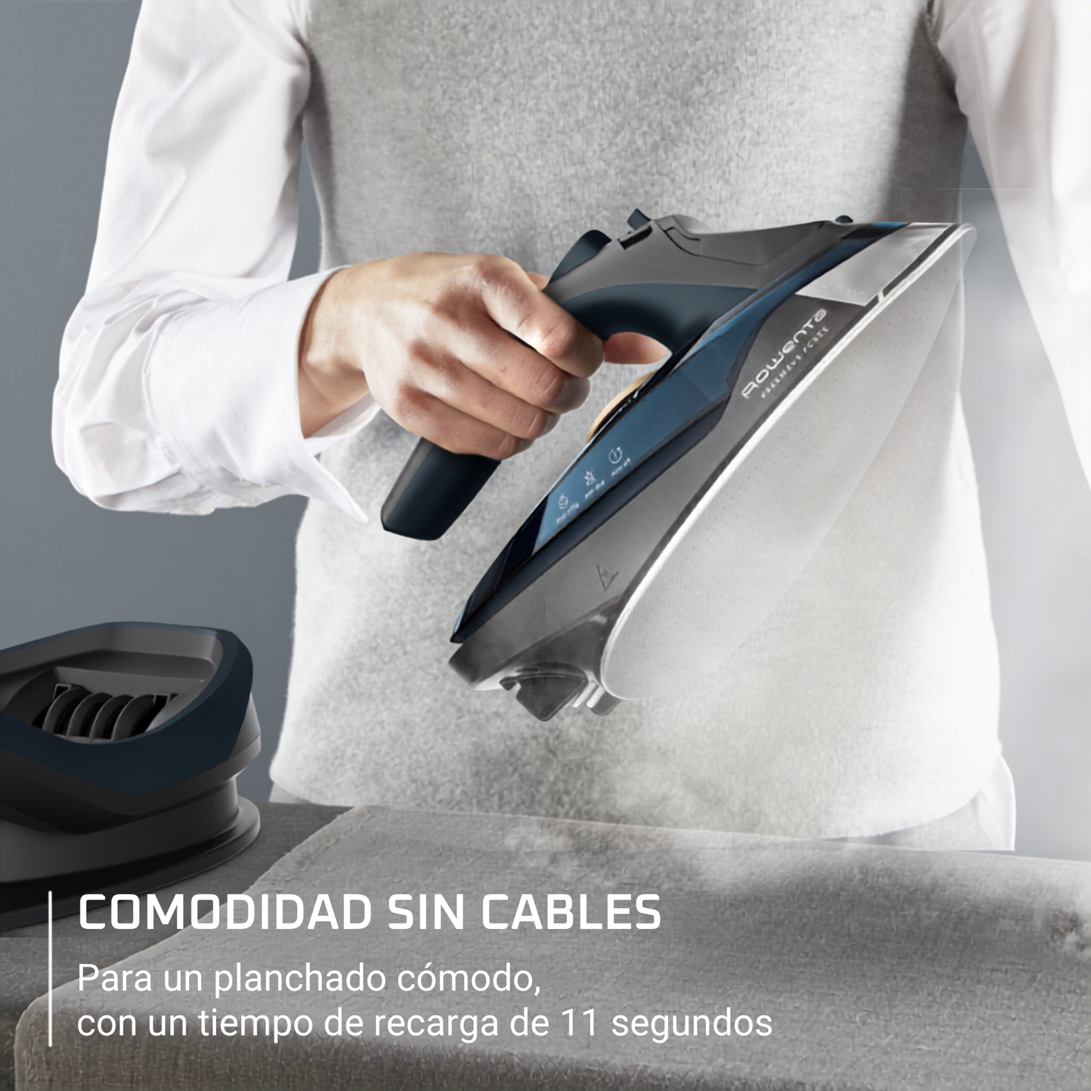 Plancha de vapor - Rowenta Freemove Force DE6725, Sin Cable, 2600W, Calentamiento rápido, Ligera, 40 g/min, Apagado automático, Antigoteo, Azul