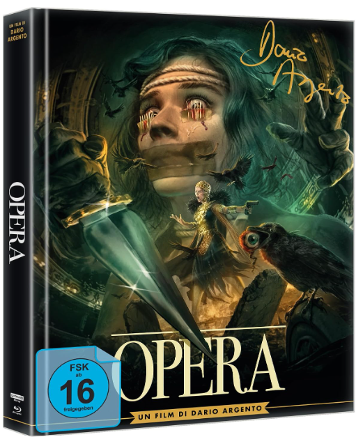 Blu-ray-Hülle des Horrorfilms Opera von Dario Argento mit einer gefesselten Frau, Krähen und einem großen Messer.