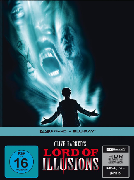 Blu-ray-Cover von Lord of Illusions mit einem Mann in der Silhouette und schreienden Gesichtern im blauen Licht.