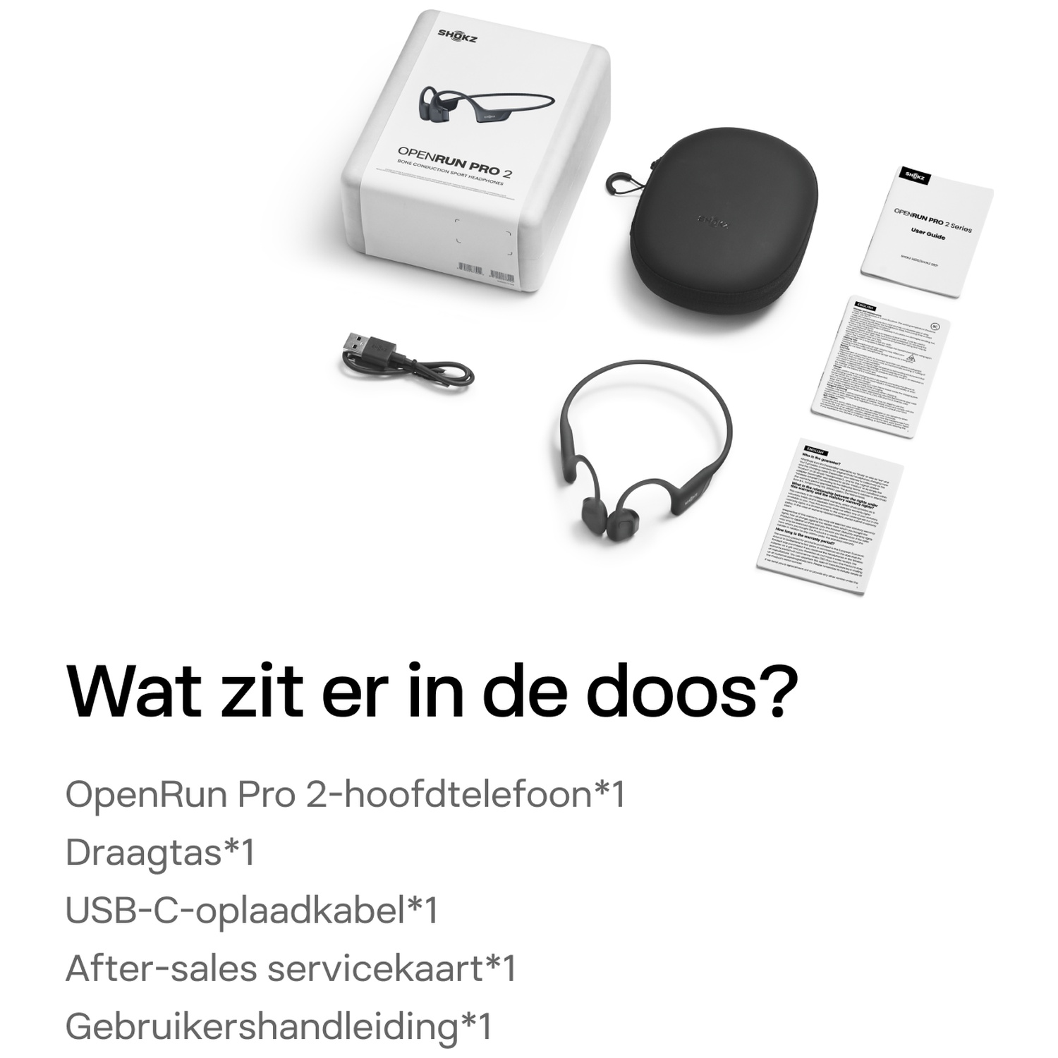 Shokz OpenRun Pro 2 koptelefoon met doos, hoes, kabel en handleiding.