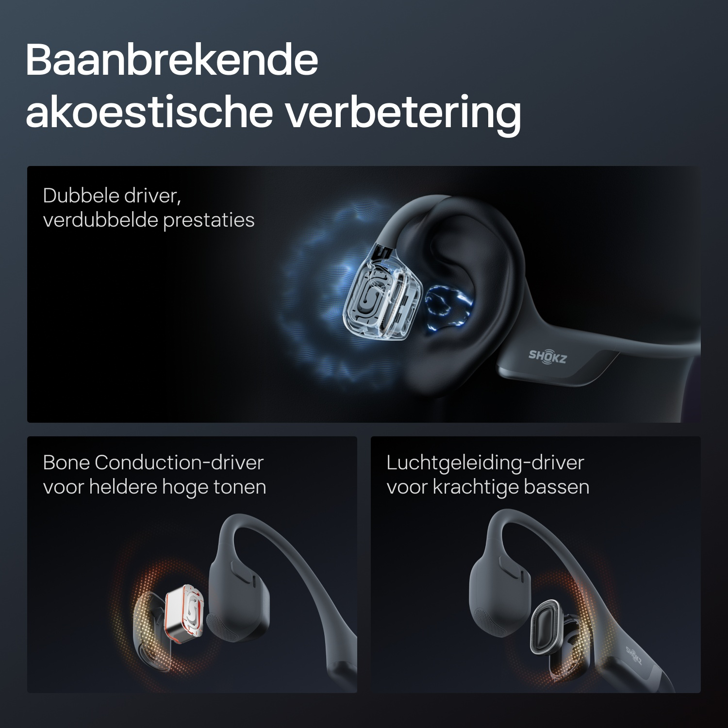 Shokz OpenFit Air hoofdtelefoon met transparante drivers en Nederlandse tekst.