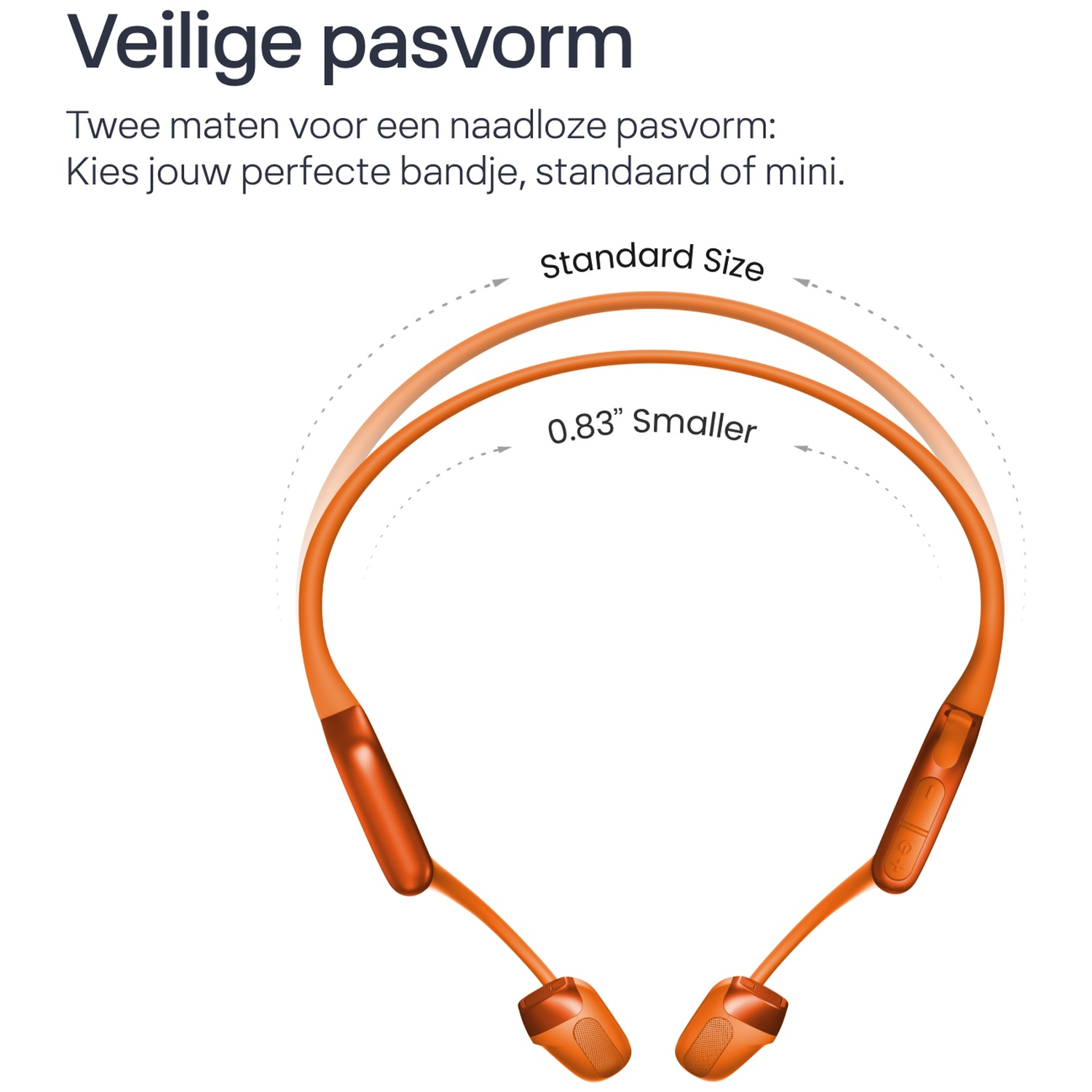 Een oranje nekband met twee maatopties: standaard en een kleinere mini-versie.