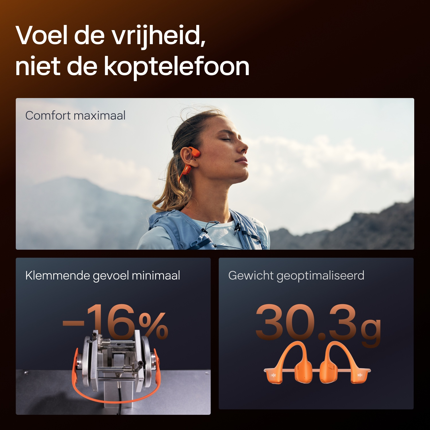 Advertentie voor Shokz-koptelefoon met een vrouw buiten en infographics over comfort en gewicht.