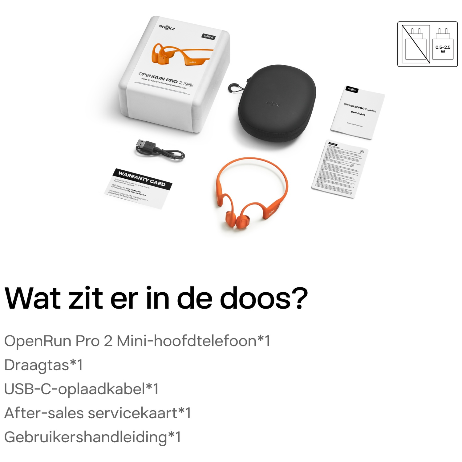 Shokz OpenRun Pro 2 Mini koptelefoon met etui, oplaadkabel, garantiekaart en handleiding op witte achtergrond.
