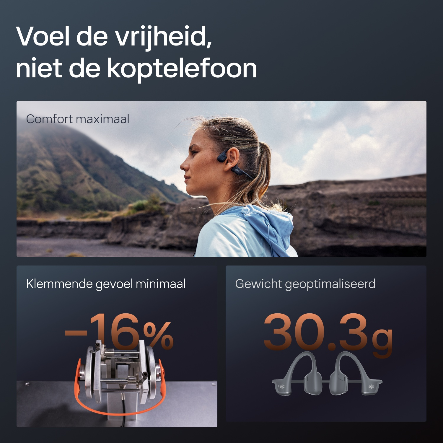 Advertentie voor koptelefoon met vrouw in berglandschap en productspecificaties.