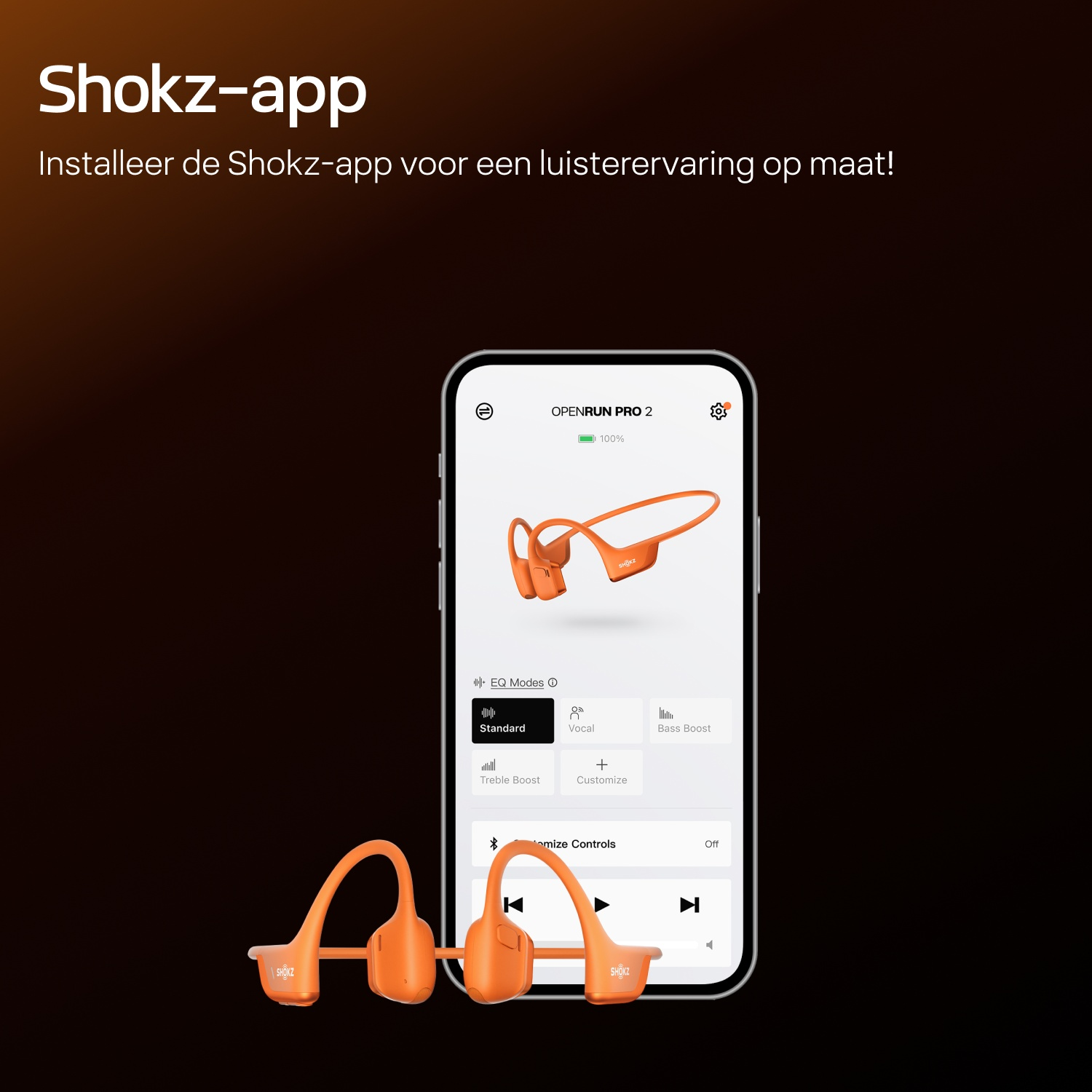 Smartphone displaying the Shokz app, with orange OpenRun Pro 2 headphones in front.