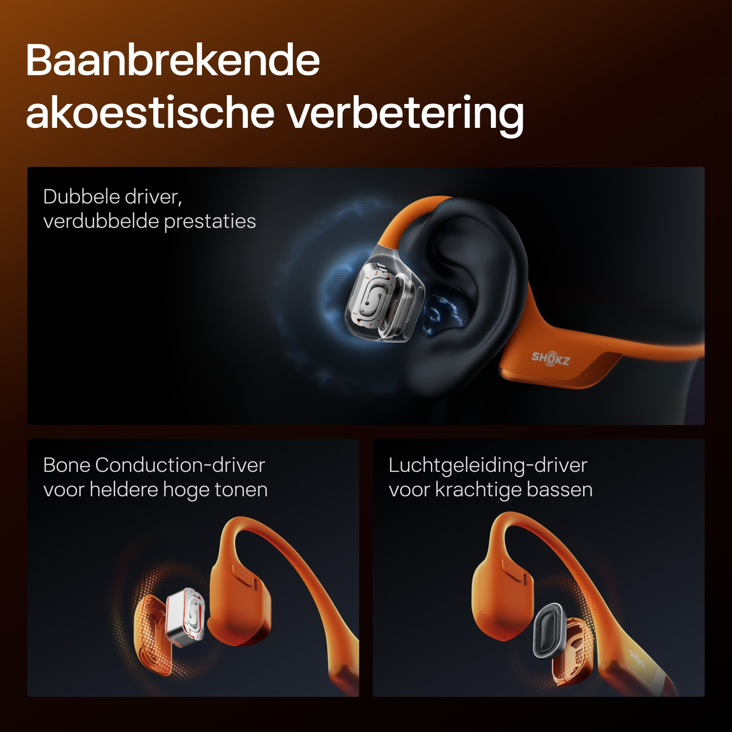An ad for Shokz bone conduction headphones highlighting dual drivers for sound improvement.