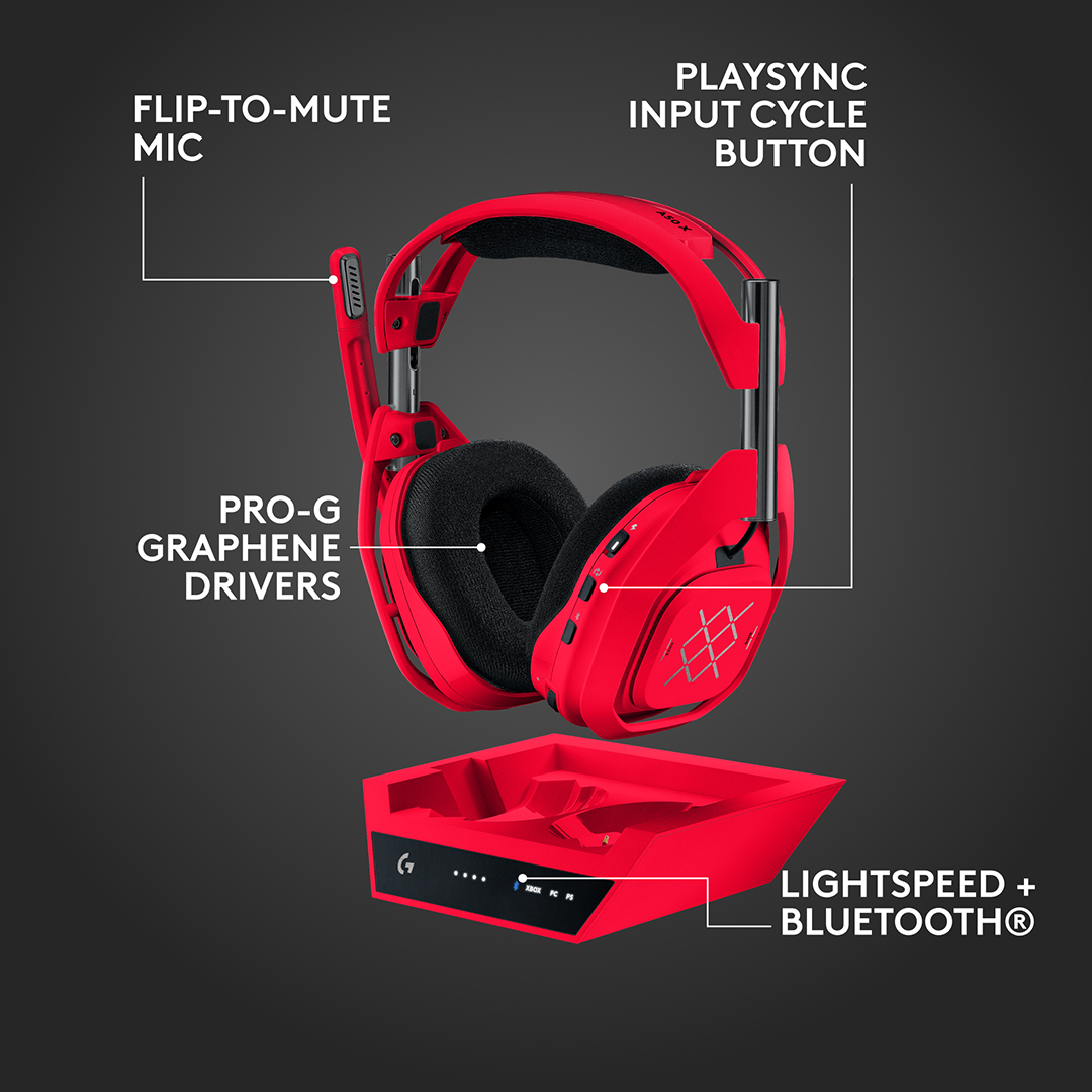Piros gamer headset töltődokkolóval, mikrofonnal és grafén meghajtókkal sötét háttér előtt.
