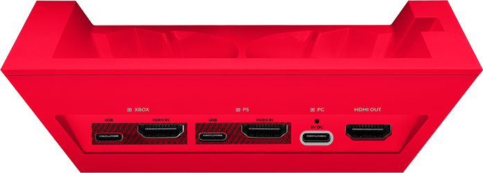 Piros töltődokkoló Xbox és PS portokkal, USB-C-vel és HDMI-kimenettel.