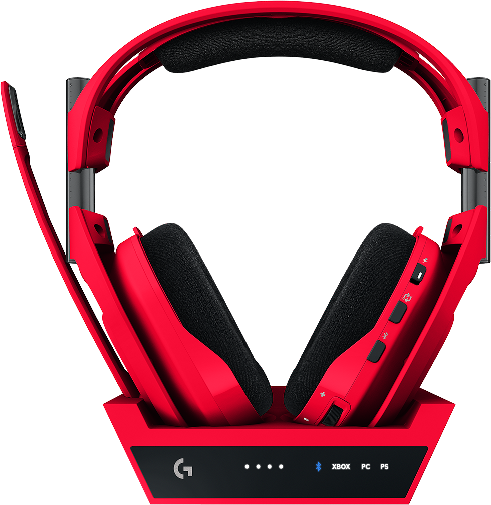 Piros gamer headset töltőállomás bal oldali mikrofonnal, fekete háttér előtt.