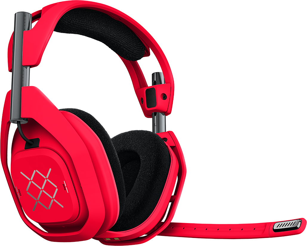 Piros gamer headset fekete fejpántpárnával és mikrofonnal fekete háttér előtt.