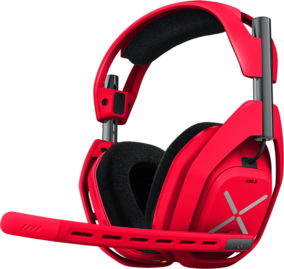Piros A50 X vezeték nélküli gamer headset fekete fejpántpárnával és mikrofonkarral fekete háttér előtt.