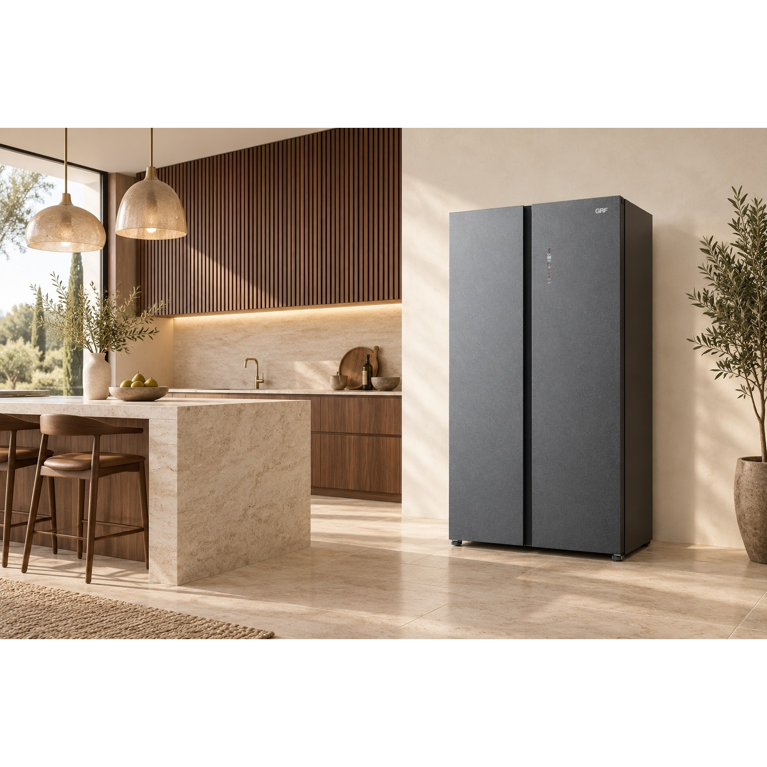 Cucina moderna con frigorifero side-by-side scuro, grande isola, dettagli in legno e lampade a sospensione.