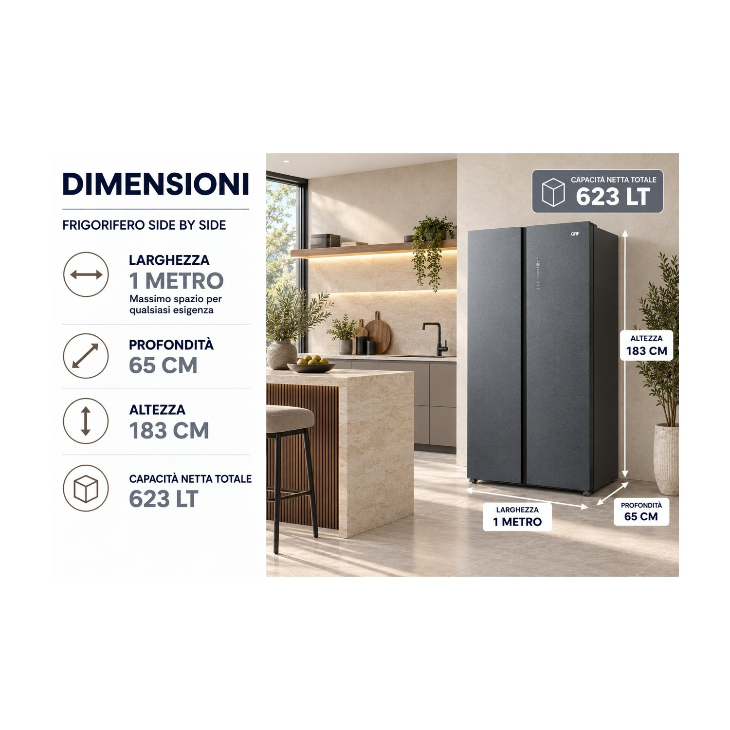 Dimensioni del frigorifero side by side in una cucina moderna con misure e capacità.
