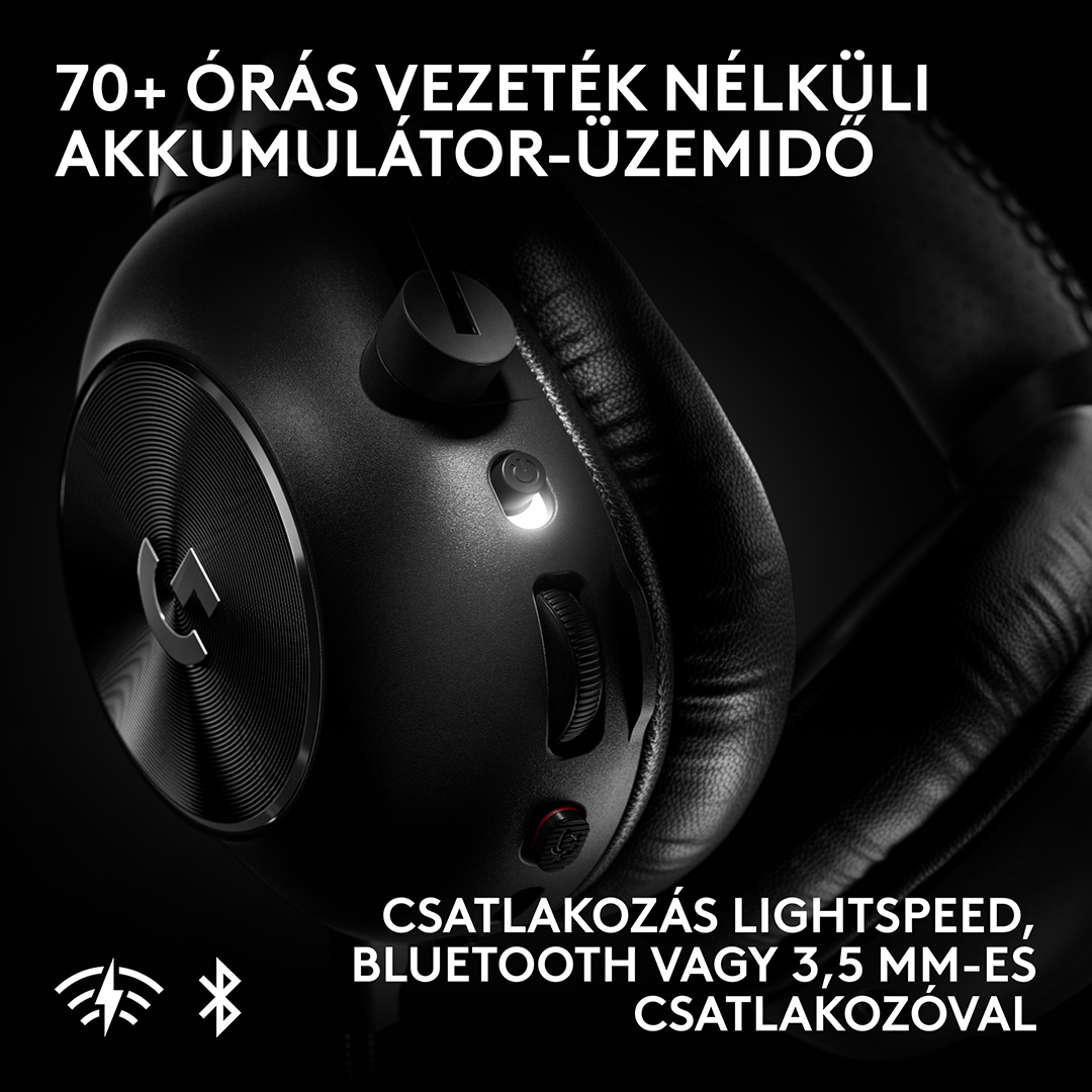 Fekete vezeték nélküli gamer headset fülhallgató beépített vezérlőkkel és magyar szöveggel.