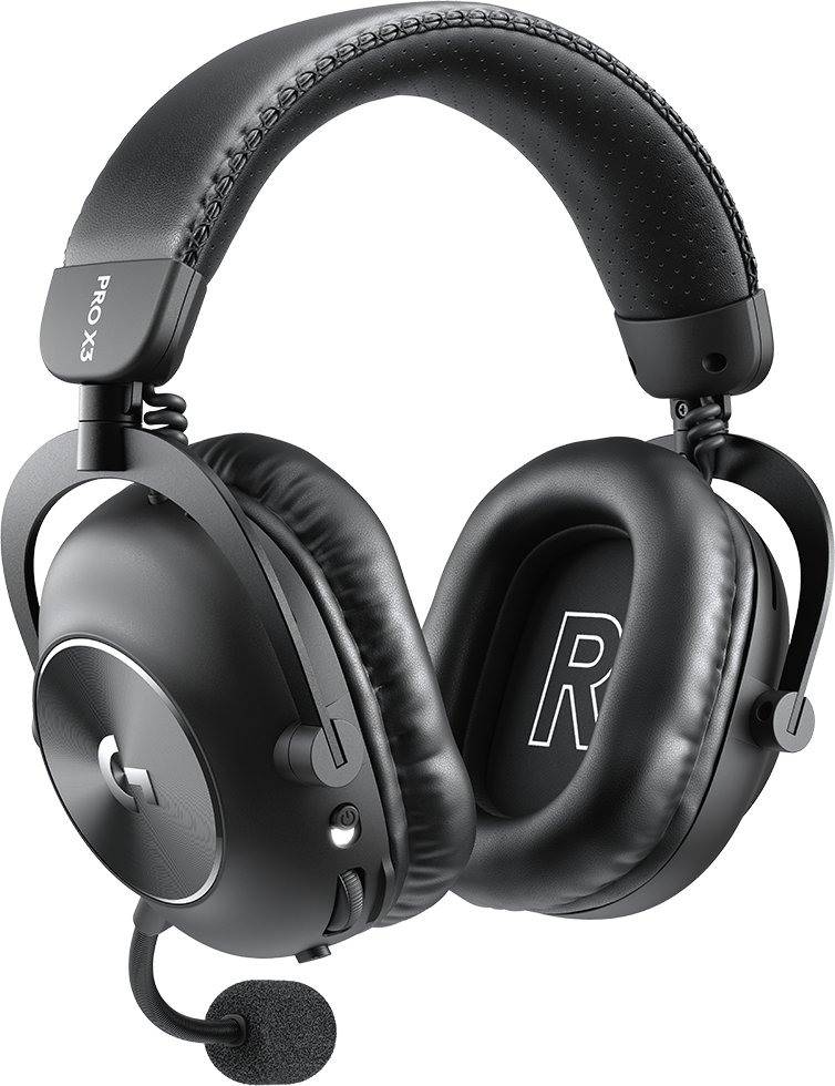 Fekete vezeték nélküli gamer headset mikrofonnal, logóval és párnázott fejpánttal fekete háttér előtt.