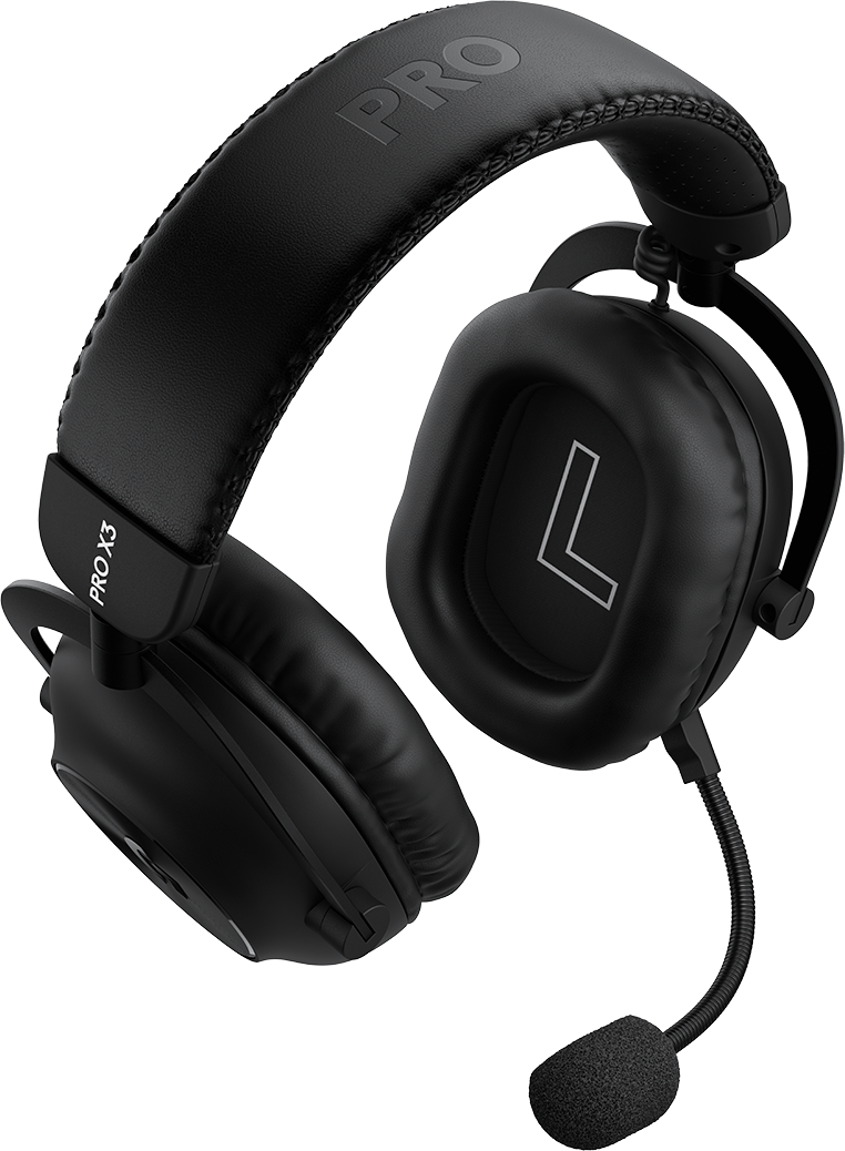 Fekete Pro X3 gamer fejhallgató párnázott fejpánttal, L jelzésű fülpárnákkal és csatlakoztatott mikrofonnal.