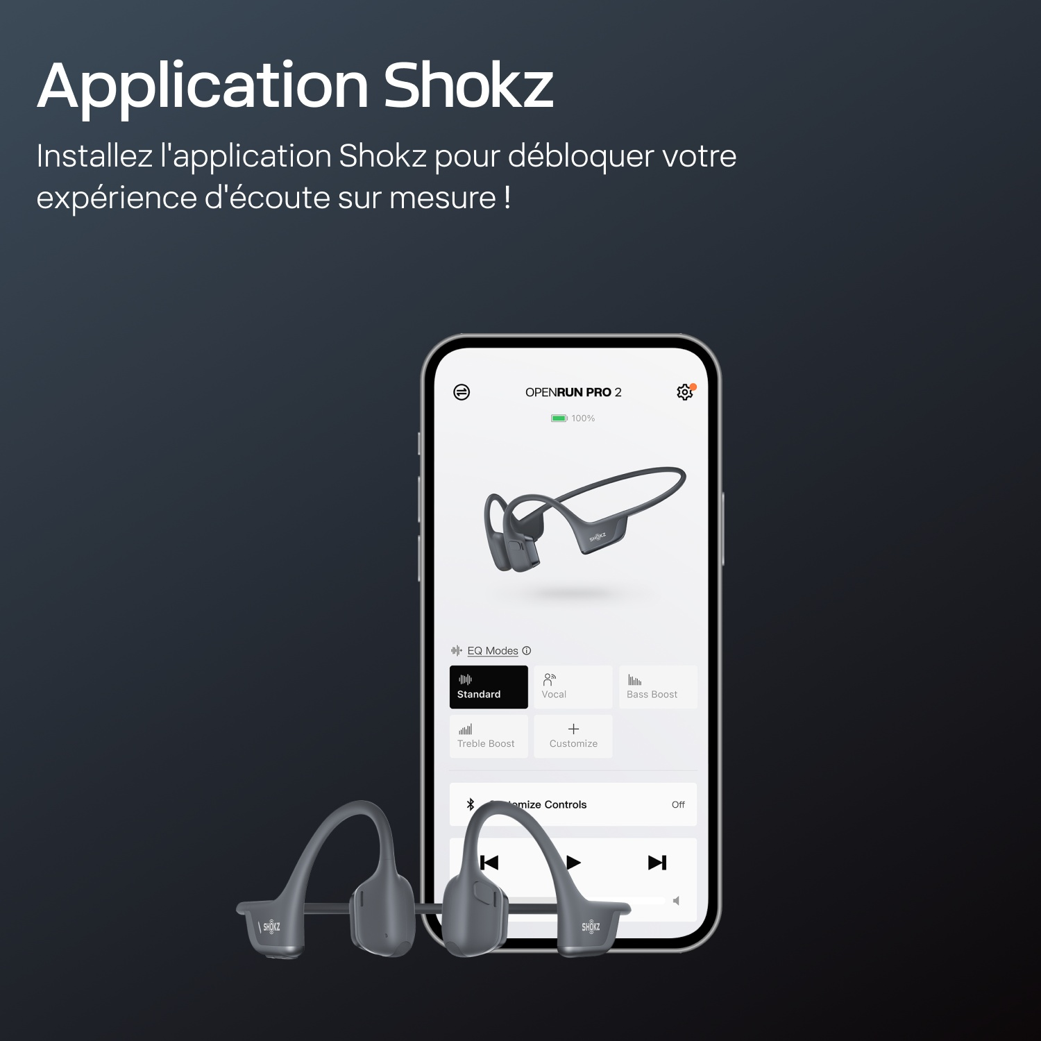 Smartphone affichant l'application Shokz avec des écouteurs OpenRun Pro 2 sur fond sombre.