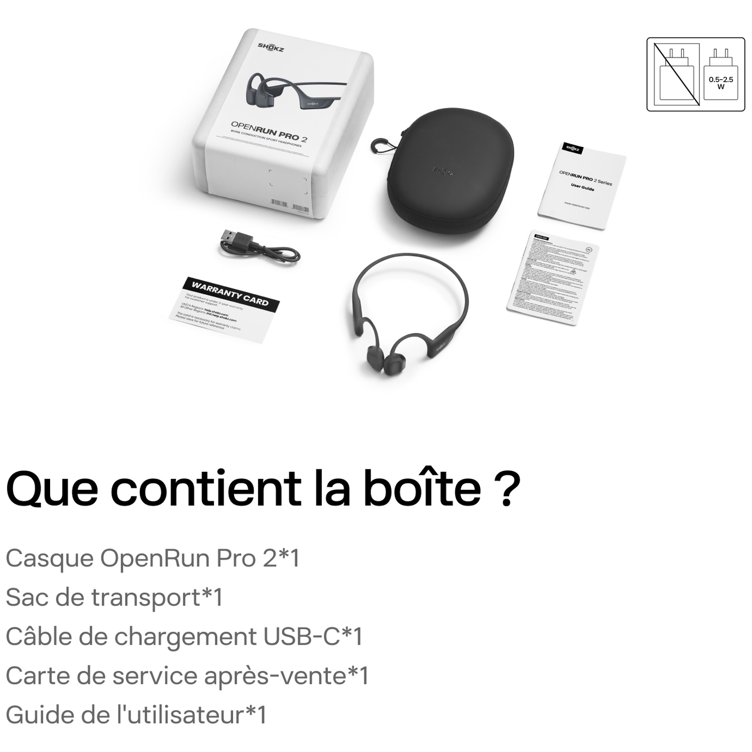 Contenu de la boîte OpenRun Pro 2 avec casque, étui, câble USB-C, manuels et carte de garantie.