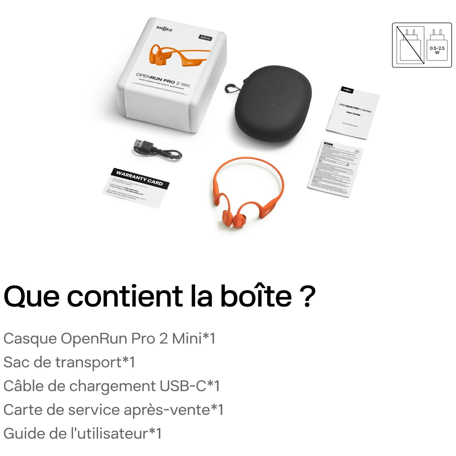 Casque Shokz OpenRun Pro 2 Mini, étui, câble de charge, carte de garantie et manuel sur fond blanc.