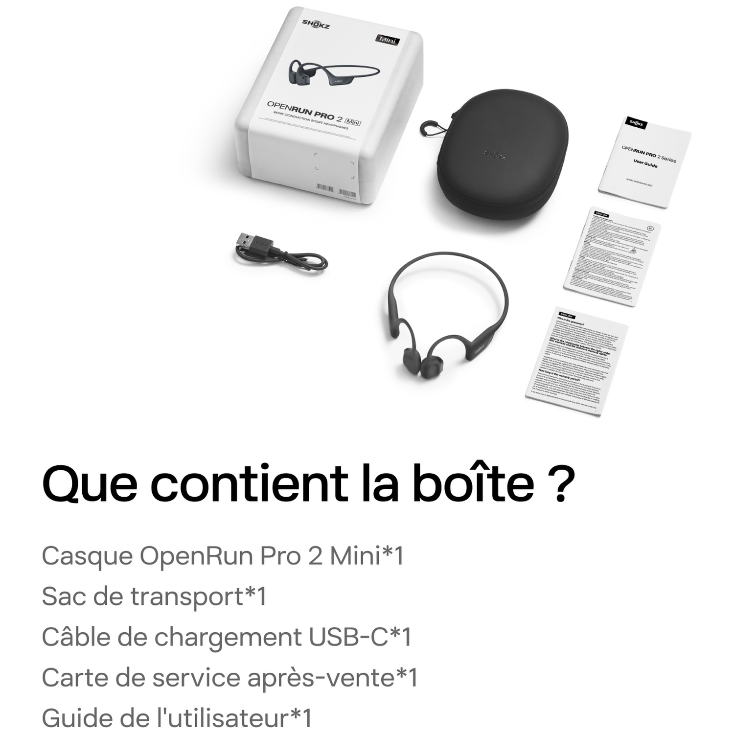 Écouteurs OpenRun Pro 2 Mini avec boîte, étui, câble USB-C et manuels sur blanc.