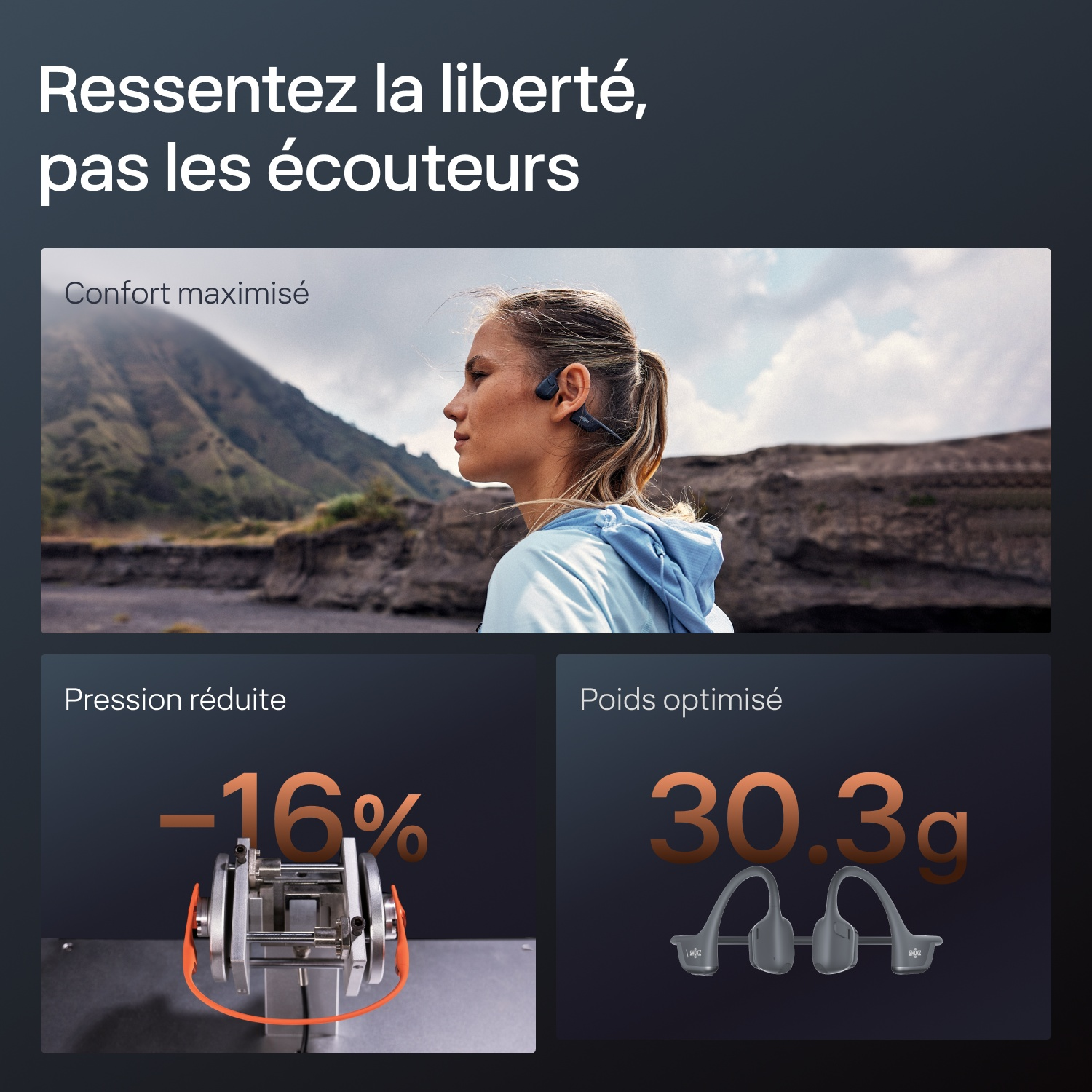 Publicité pour écouteurs Shokz avec fond de montagne, -16% de réduction de pression et 30.3g de poids.