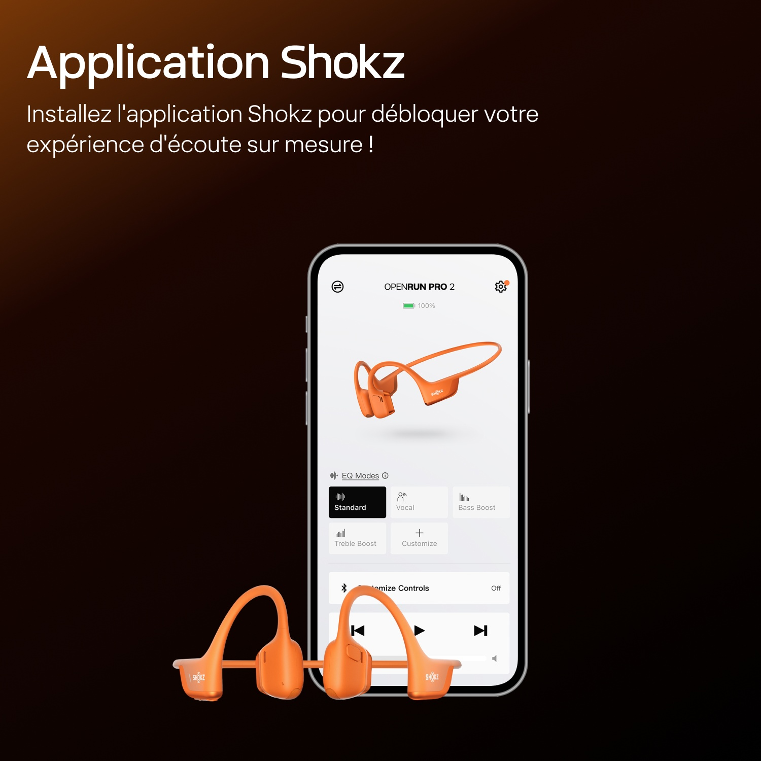 Un smartphone affiche l'application Shokz avec les réglages des OpenRun Pro 2 et des écouteurs orange.