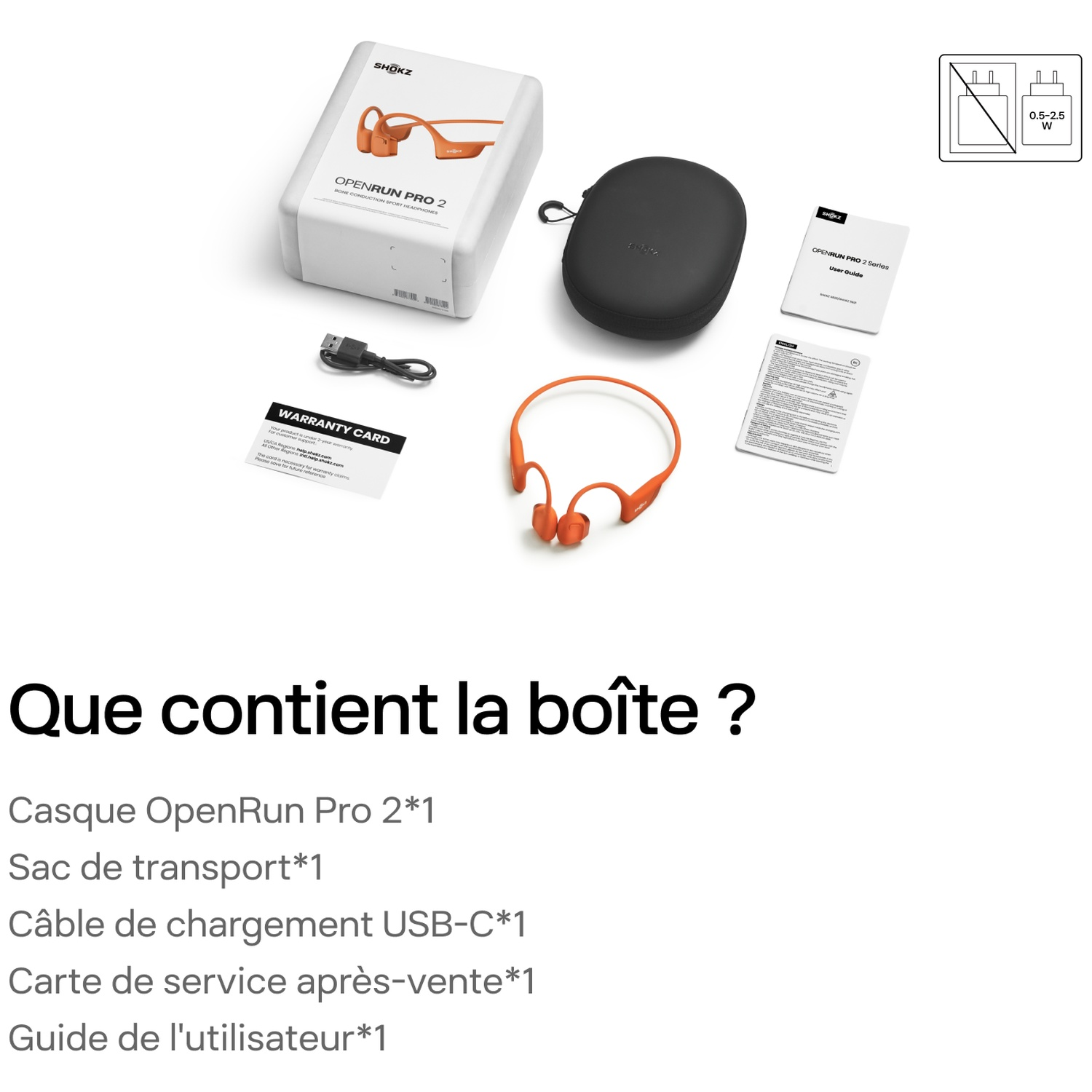 Contenu de la boîte Shokz OpenRun Pro 2 avec casque orange, étui noir, câbles et manuels.