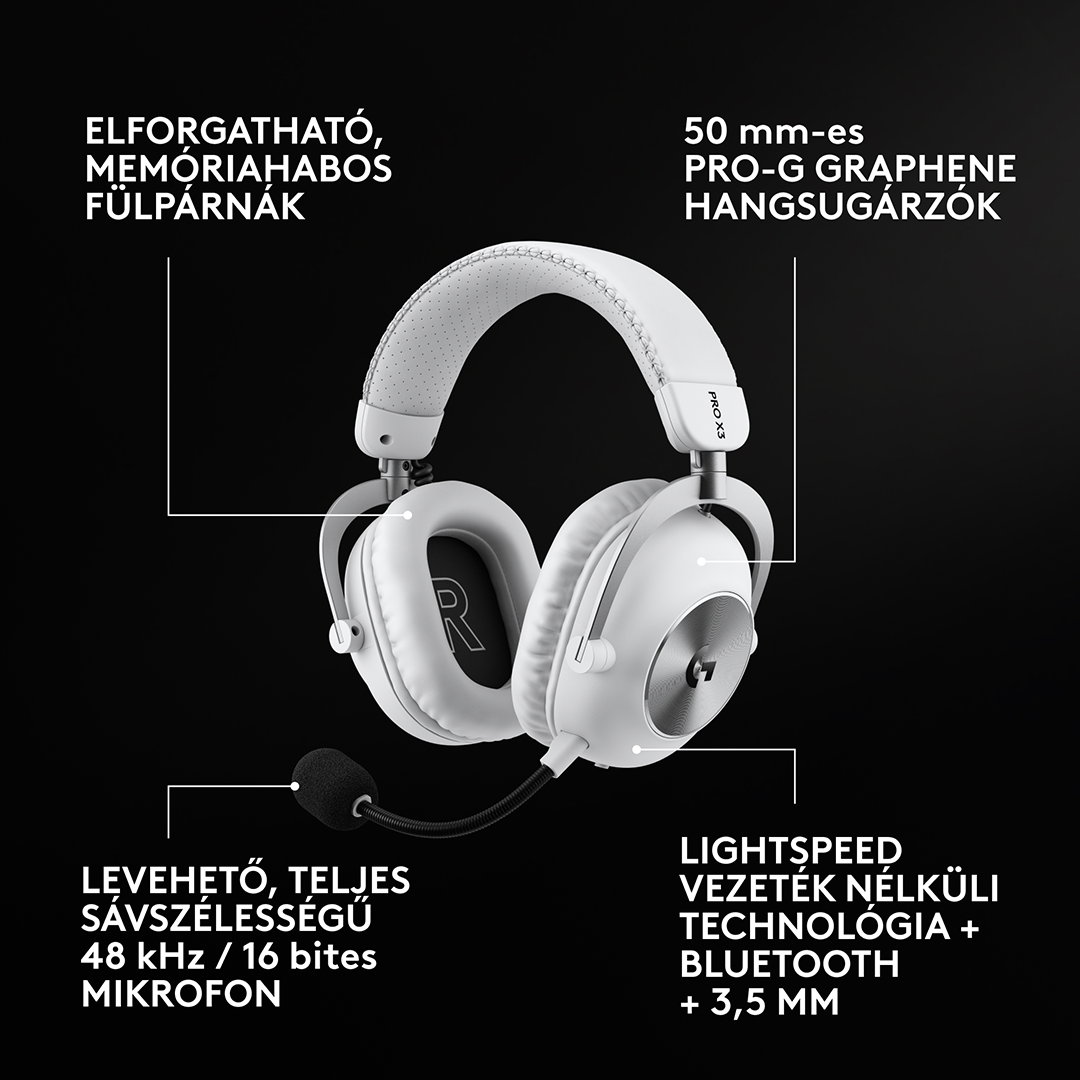 Fehér gaming headset mikrofonnal fekete háttérrel és szöveges leírásokkal.