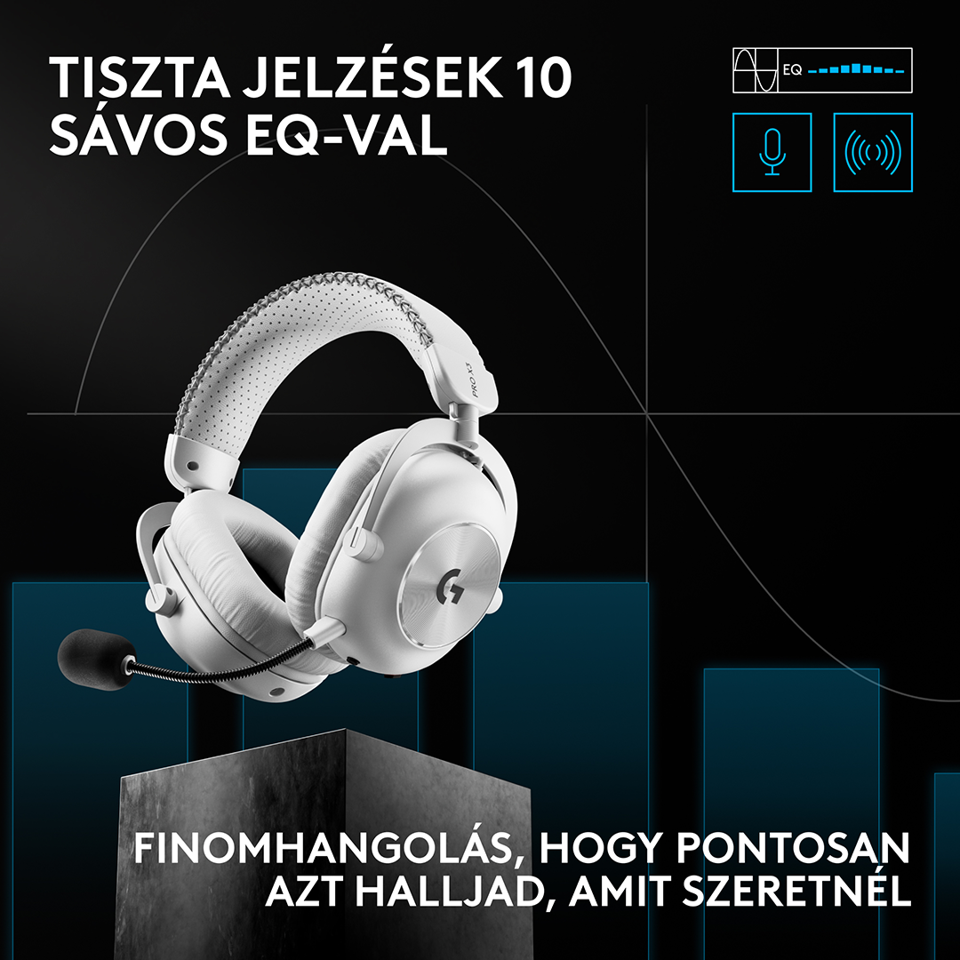 Fehér gamer headset mikrofonnal, sötét háttérrel és magyar felirattal.