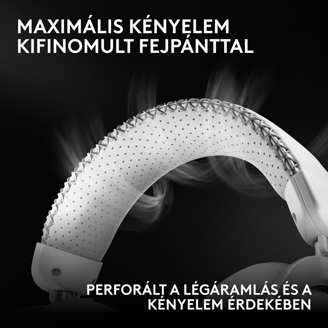 Perforált, fehér fejhallgató fejpánt varrással, sötét háttérrel, a légáramlást szimbolizálva.