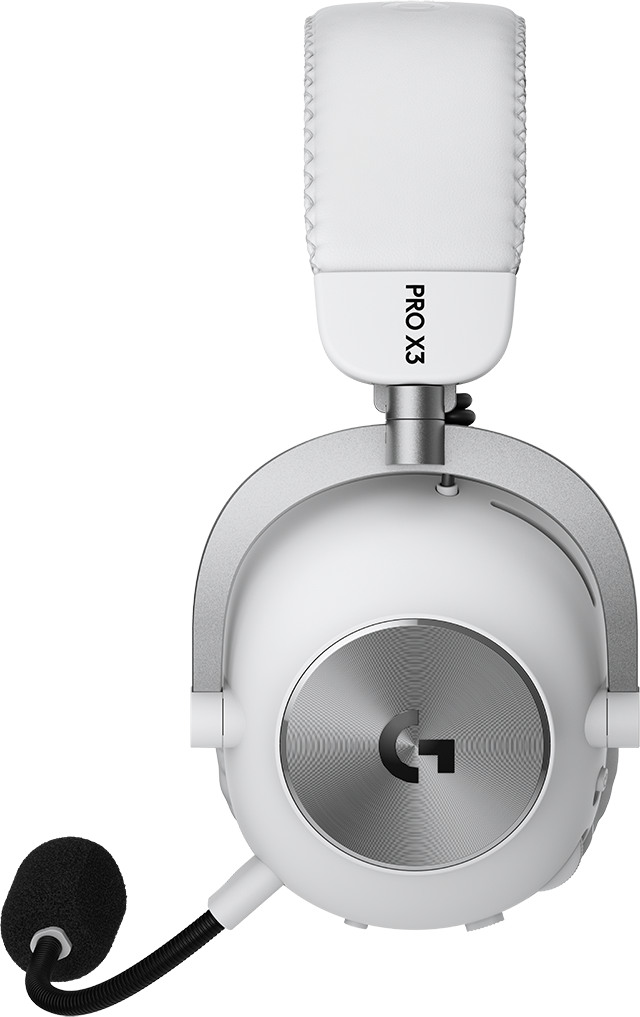 Fehér Logitech PRO X3 gamer headset levehető mikrofonnal fekete háttér előtt.