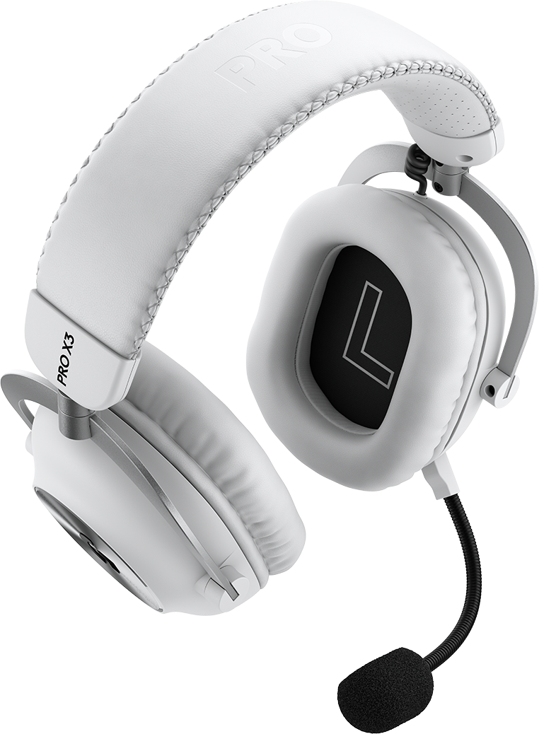 Fehér fül köré illeszkedő gamer headset mikrofonnal és L betűvel fekete alapon.