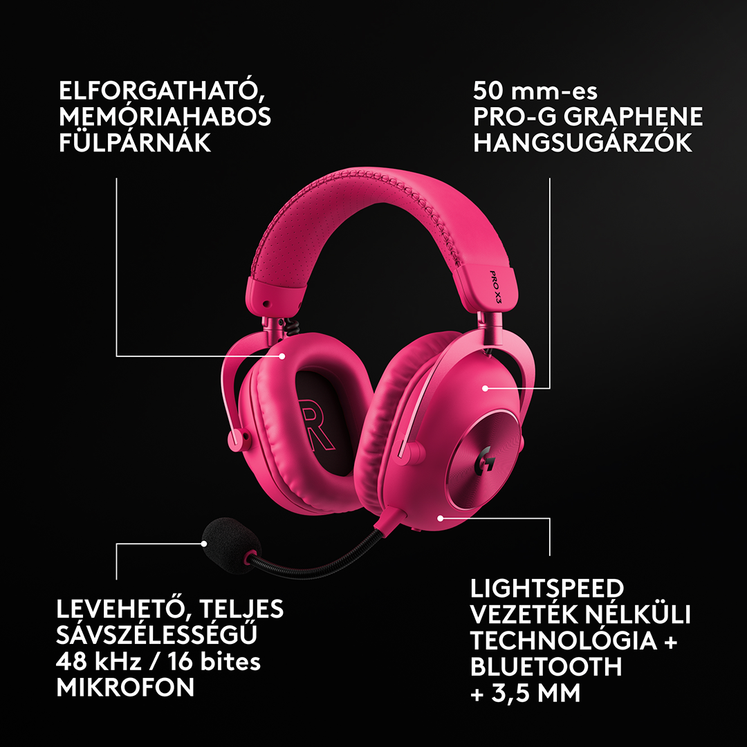 Rózsaszín gamer headset fekete háttérrel és magyar nyelvű termékjellemzőkkel.