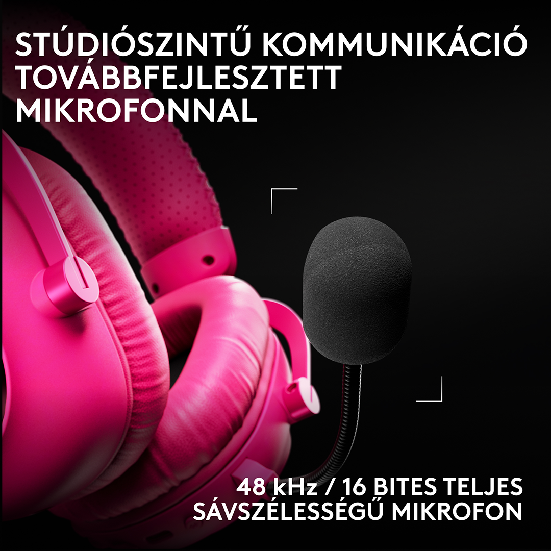 Élénk rózsaszín gamer fejhallgató fekete mikrofonnal sötét háttérrel, magyar felirattal.